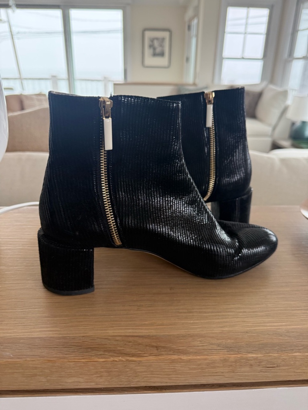 Dear Frances Black Textured Leather Ankle Booties with Gold Zipper